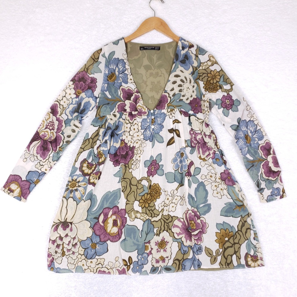 Zara Trafaluc Floral Babydoll Mini Dress V-Neck‎ Long Sleeve Purple Blue XS
